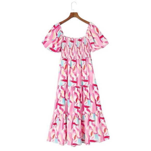Pink Peasant Square Neck Tied Smocked Midi Flare Dress Sz Large - Picture 1 of 7